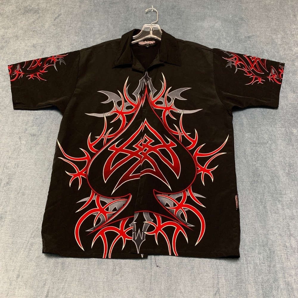 Sapphire Lounge Shirt Mens Small Black Tribal Print Spade Camp Collar Button Up